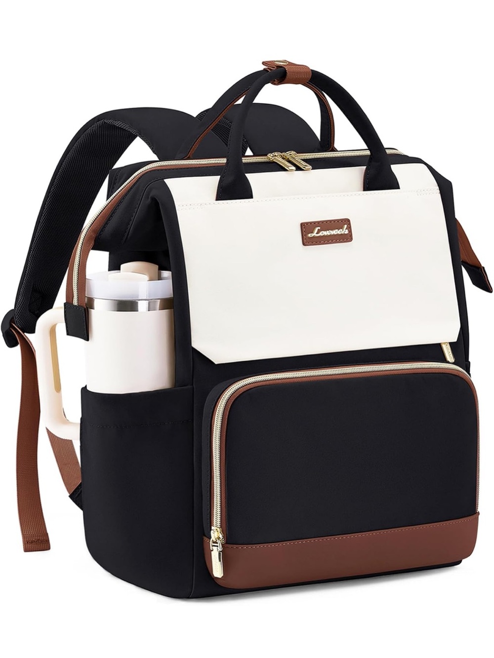 Convertible Black & White Backpack Tote with Brown Accents
